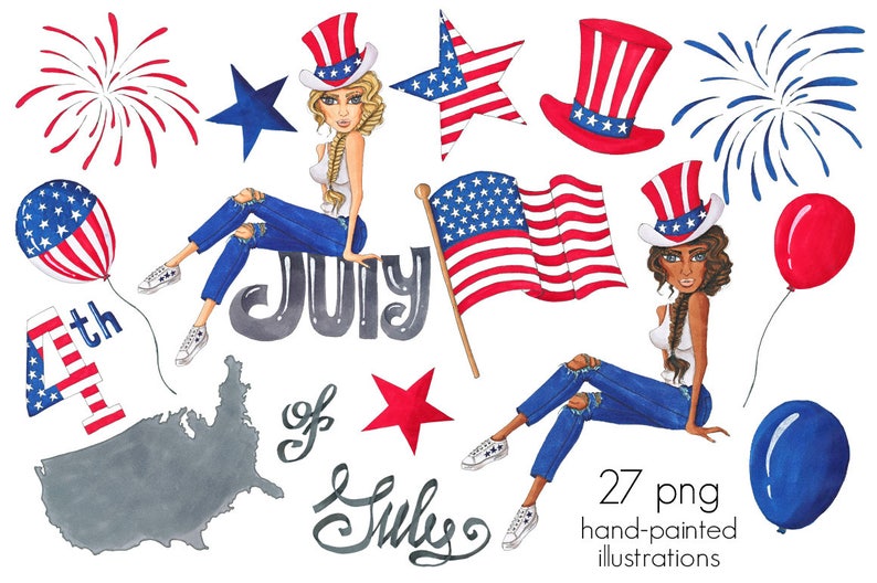 Op de afbeelding: Een set van 27 handgeschilderde digitale illustraties met een patriottisch thema. De illustraties omvatten sterren, vuurwerk, vlaggen en vrouwen die rood, wit en blauwe kleding dragen. De tekst "4th of July" is ook inbegrepen.