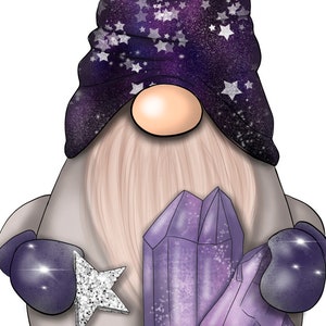 May include: A purple and white gnome with a star-patterned hat holds a large purple crystal in its hands.