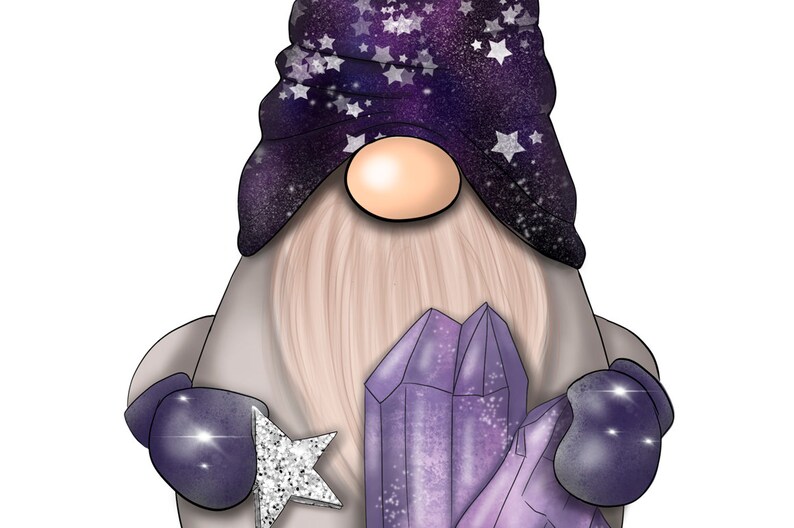 May include: A purple and white gnome with a star-patterned hat holds a large purple crystal in its hands.