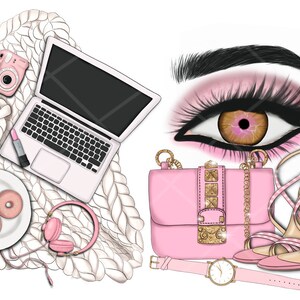 May include: A digital illustration of a pink and gold handbag, a pair of pink high heels, a pink and gold wristwatch, a laptop computer, a pink camera, a plate of donuts, and a pair of pink headphones on a white knitted blanket.
