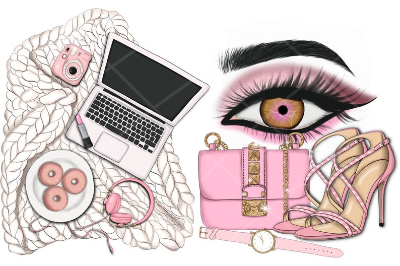 May include: A digital illustration of a pink and gold handbag, a pair of pink high heels, a pink and gold wristwatch, a laptop computer, a pink camera, a plate of donuts, and a pair of pink headphones on a white knitted blanket.