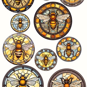 May include: Nine stained glass circles featuring bees with yellow and brown bodies, clear wings, and intricate geometric patterns in shades of yellow, orange, brown, blue, and gray.