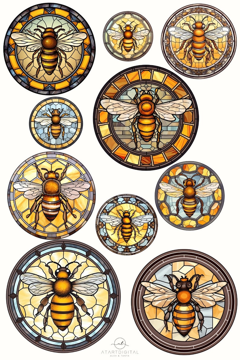 May include: Nine stained glass circles featuring bees with yellow and brown bodies, clear wings, and intricate geometric patterns in shades of yellow, orange, brown, blue, and gray.