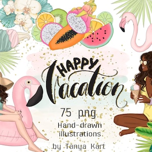 Tropical Summer Clipart Bundle, Beach Vacation Set, Girly Fruits Fashion Illustrations, Hand-Drawn Designs for Planners, Scrapbooking