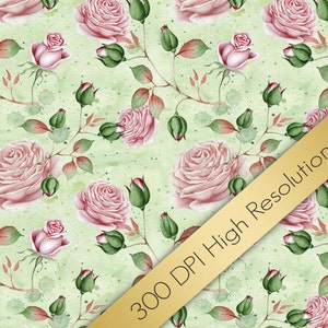 May include: A seamless pattern featuring watercolor pink roses and green leaves on a light green background. The pattern is perfect for creating digital or printed designs.