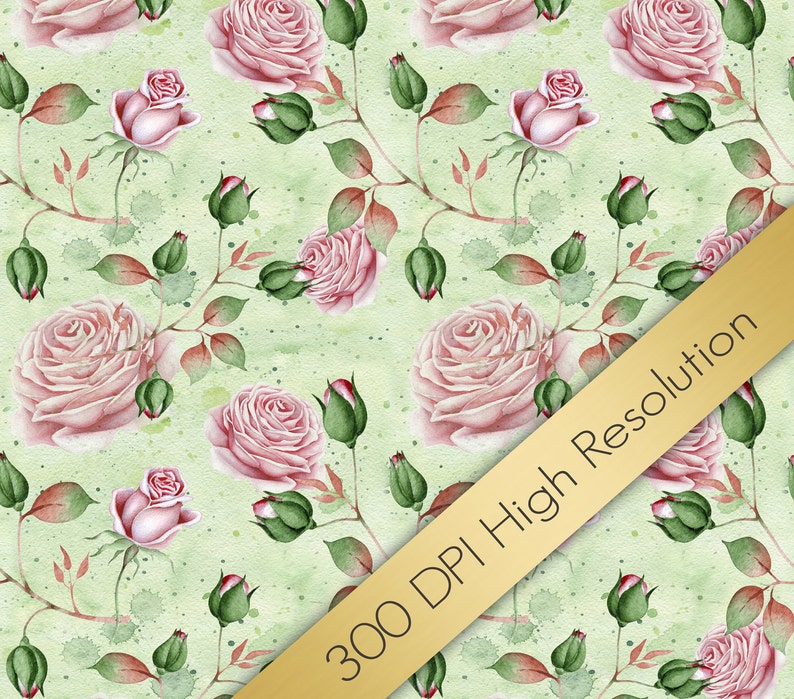 May include: A seamless pattern featuring watercolor pink roses and green leaves on a light green background. The pattern is perfect for creating digital or printed designs.