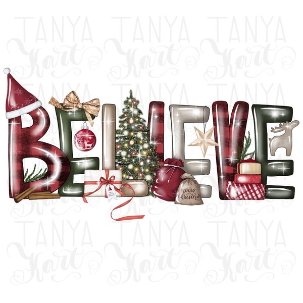 Believe Christmas Png Digital Download, Merry Christmas Png Hand Draw, Happy Holiday Printable Artwork, Sublimation Art