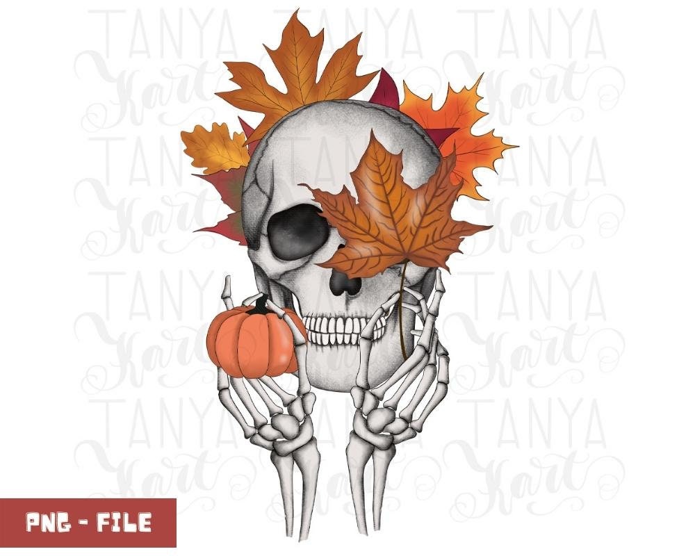 Scull With Leaves Sublimation Design, Skull Fall Halloween Png