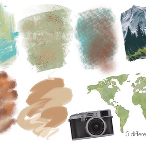 May include: Five different watercolor textures, including a world map, a mountain scene, and abstract shapes in shades of blue, green, brown, and beige.