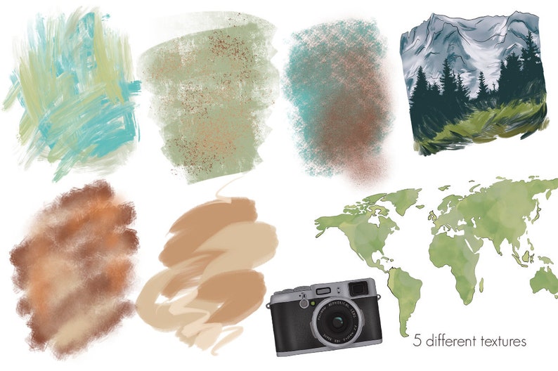 May include: Five different watercolor textures, including a world map, a mountain scene, and abstract shapes in shades of blue, green, brown, and beige.