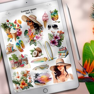 Pacote de adesivos digitais de verão tropical, adesivos para planner feminino compatíveis com GoodNotes, Notability e OneNote, adesivos de frutas praianas, flores digitais.
