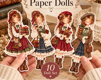 Autumn Printable Paper Dolls | 10 Doll Set | Cottagecore Book Lover Girls | Fall Junk Journal Clipart | Print at Home Digital Download Craft