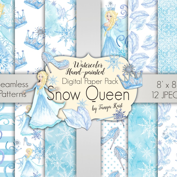 Snow Queen Digital Paper Pack,Christmas Paper, Patterned Paper, Snowflake Paper,Blue Digital Paper, Frozen Digital Paper,Girly Digital Paper