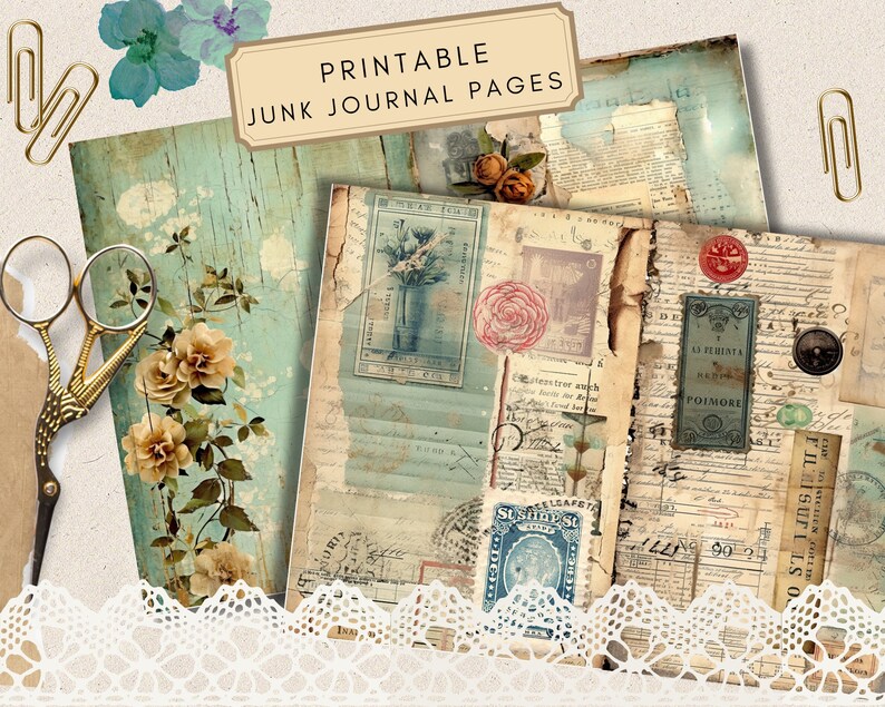 May include: Printable junk journal pages with a vintage aesthetic. The pages feature floral designs, stamps, and handwritten text. The pages are perfect for adding a unique touch to your journal.
