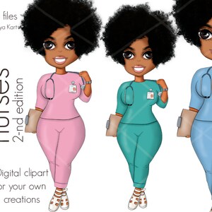 Puede incluir: Tres ilustraciones digitales de enfermeras negras con uniformes de color rosa, azul verdoso y azul. Cada enfermera lleva un estetoscopio alrededor del cuello y una etiqueta con su nombre. Las enfermeras sonríen y sostienen portapapeles.