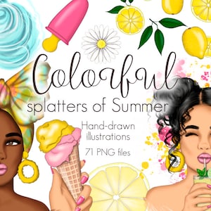 Fashion Girs Summer Clipart, Beach Clipart, Ice Cream PNG, Planner Girl PNG, Bright Colors, Summer Vibes, Lemon Illustration