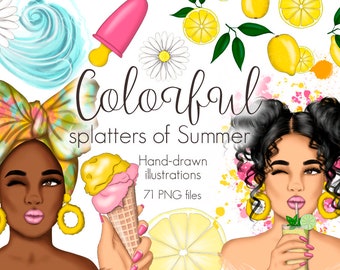 Fashion Girs Summer Clipart, Beach Clipart, Ice Cream PNG, Planner Girl PNG, Bright Colors, Summer Vibes, Lemon Illustration