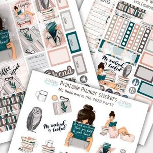 May include: Printable planner stickers featuring a bookworm theme. The stickers include illustrations of women reading books, owls, coffee cups, and the text "My weekend is booked".