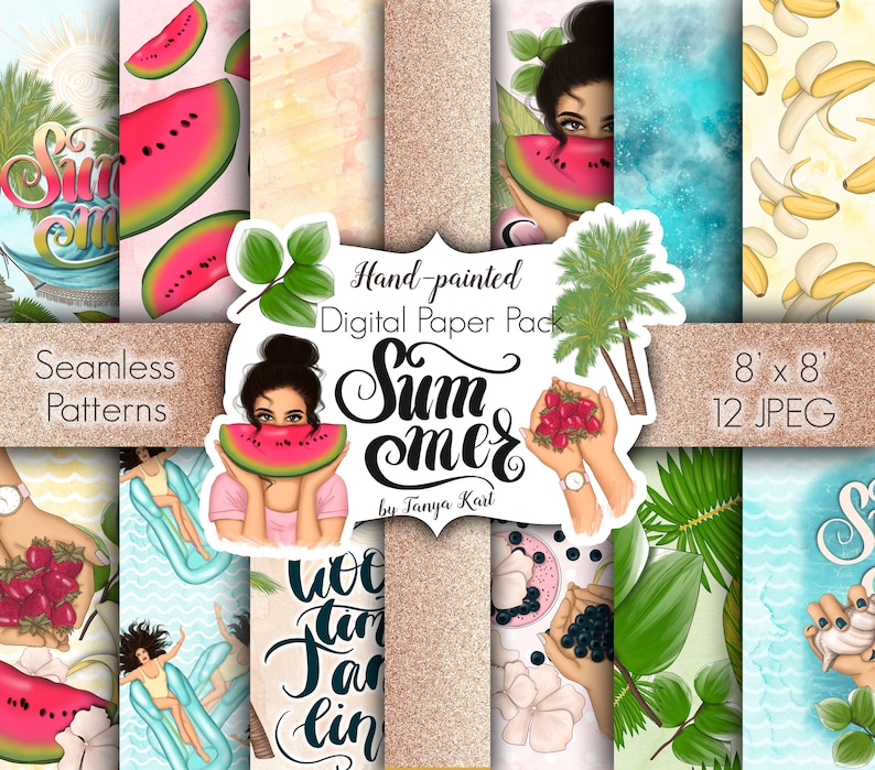 May include: A digital paper pack with 12 seamless patterns featuring summer themes. The patterns include watermelon, palm trees, bananas, and a woman holding a watermelon. The text "Summer" is written in a decorative font.