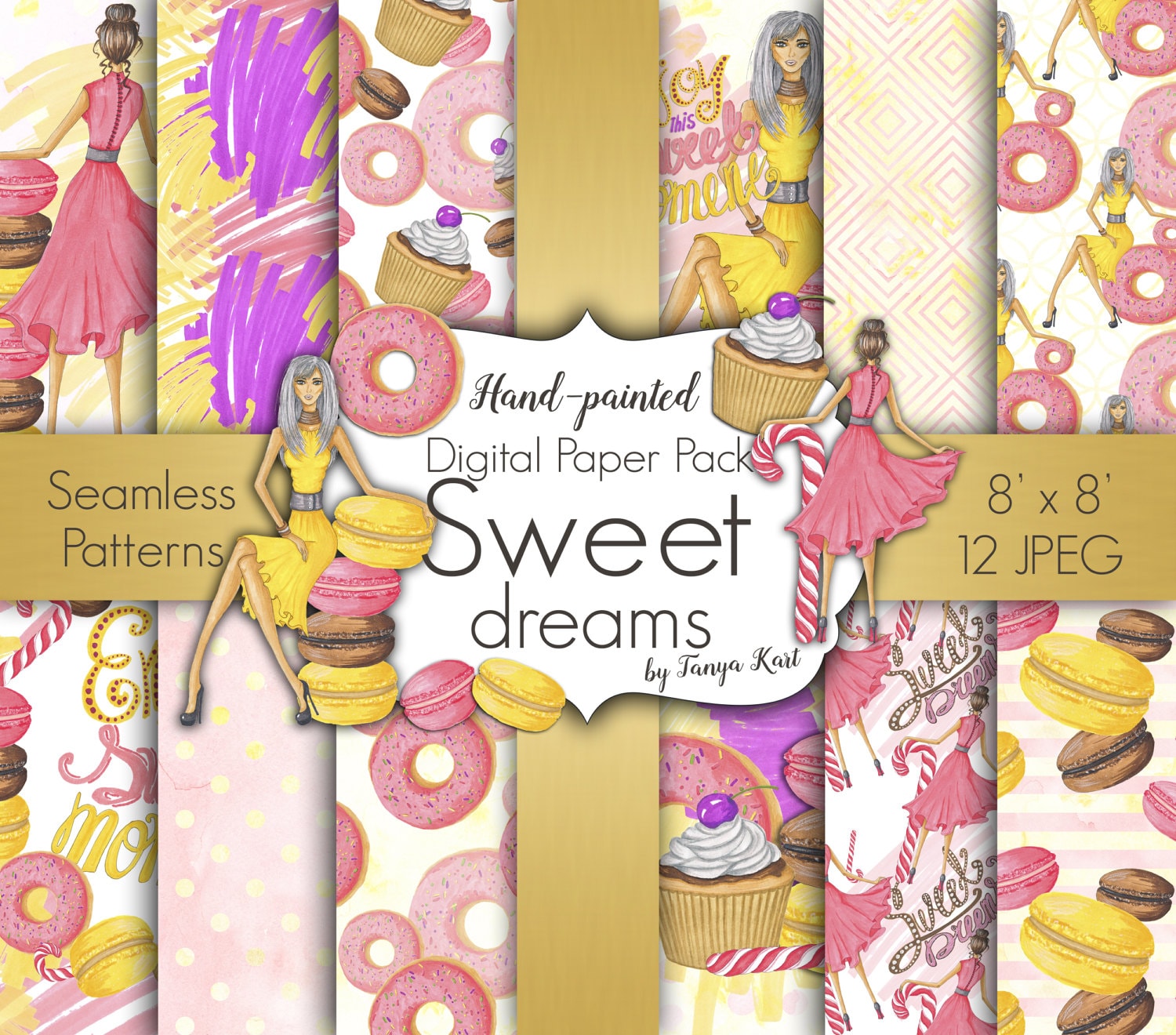 Digital Paper, Sweets Digital Paper Pack, Macaron Digital Paper, Fashion Di...
