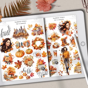 May include: A sheet of GoodNotes stickers featuring fall-themed illustrations. The stickers include pumpkins, leaves, a woman with long brown hair, a coffee cup, books, and the text "Hello Fall".