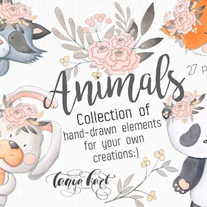 Woodland Animal Clipart Set-beer, konijntje, vos, panda, wasbeer, eekhoorn met bloemen-aquarelcollectie-kwekerij, babyshoweruitnodigingen