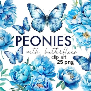 Clipart PNG di peonia blu e farfalla ad acquerello, pacchetto di bouquet di fiori per artigianato digitale e uso commerciale, download immediato floreale