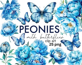 Watercolor Blue Peony and Butterfly PNG Clipart, Flower Bouquets Bundle for Digital Crafts and Commercial Use, Floral Instant Download