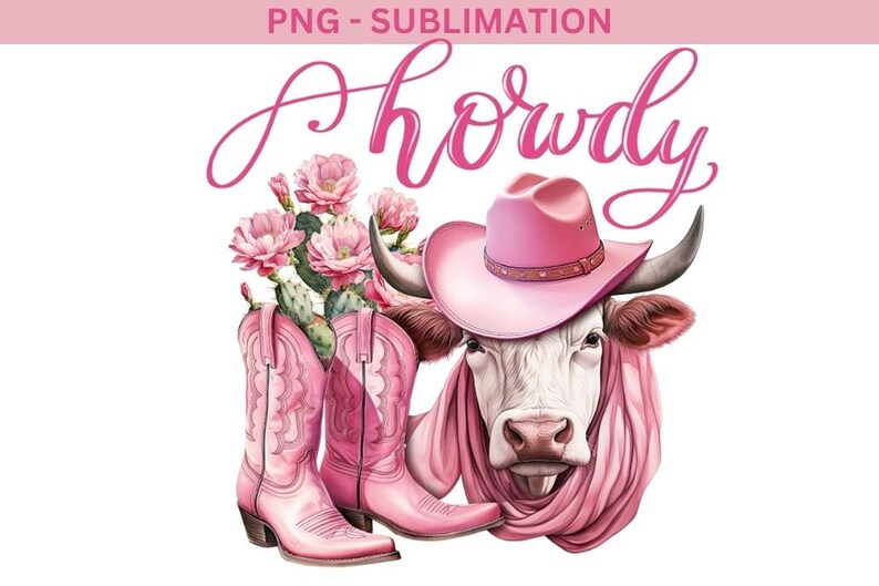 May include: A pink cowgirl themed design featuring a white cow wearing a pink cowboy hat and scarf. The cow is standing in front of a pair of pink cowboy boots with cactus flowers. The text "Howdy" is written in cursive above the cow.