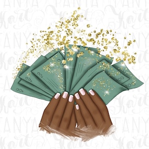 Design a sublimazione, soldi in mano, illustrazione PNG, donna afro, mano che tiene, denaro contante, download di design, entrambe le mani, design ricco
