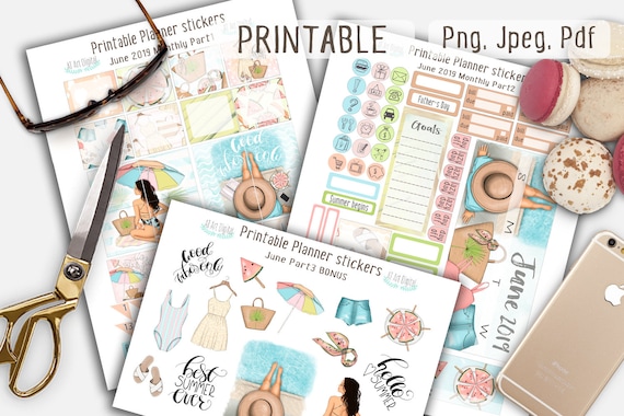 Summer Planner Stickers, Life Planner, June Monthly Kit, Summer Planner, Printable Stickers, Beach Stickers, Erin Condren Planner Stickers