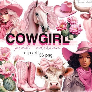Pacchetto di clipart di cowgirl rosa occidentali: grafica di melanina, cappello da cowgirl, stivali da cowgirl, design di teschio di mucca, cavallo per inviti e uso commerciale