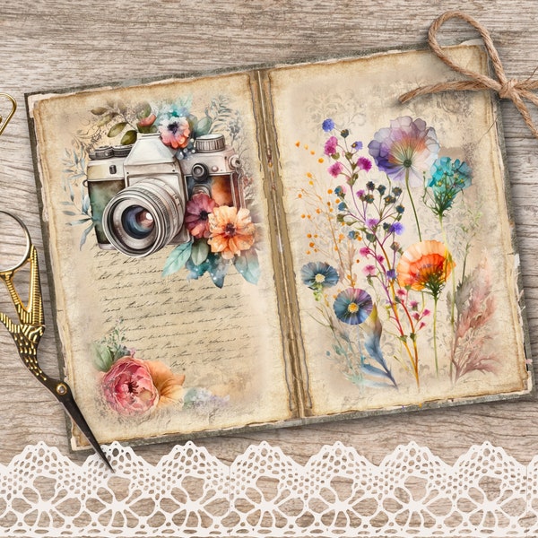 Printable Junk Journal Pages, Watercolor Camera with Wildflowers, Vintage Junk Journal Kit, Junk Journal Paper, Digital Instant Download