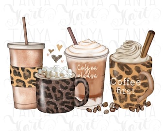 Leopard Texture, Coffee Please Image, Brown Coffee Cups, Hand Drawn Printable, PNG Digital Download, Coffee Lover Png, Coffee Sublimation