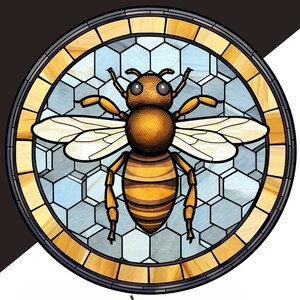 May include: A stained glass illustration of a bee with yellow and brown stripes, set against a blue and white honeycomb background. The bee is surrounded by a wooden frame.