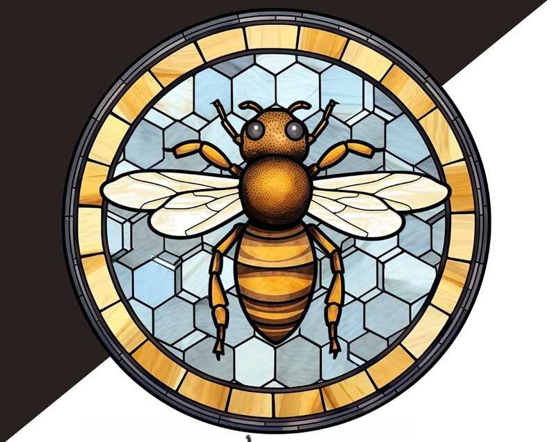 May include: A stained glass illustration of a bee with yellow and brown stripes, set against a blue and white honeycomb background. The bee is surrounded by a wooden frame.