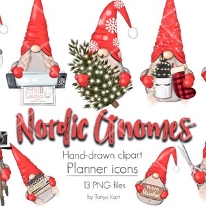Pacote de clipart de Natal de gnomos nórdicos - Lembretes de planejador, ícones PNG de inverno, adesivos de Natal para sublimação, uso comercial