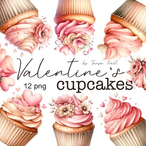 Watercolor Valentine&#39;s Day Cupcakes Clipart, Dessert Love Clipart, Watercolor Valentine Clipart, Cupcake PNG,Digital Download,Baking Clipart