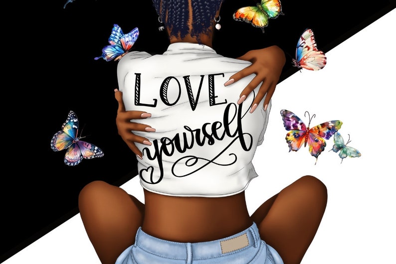 May include: Illustration of a person with dark skin embracing themselves, wearing a white shirt with the words "LOVE yourself". Colorful butterflies are scattered around the figure against a black and white background.