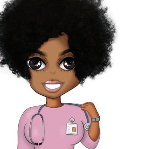May include: A cartoon illustration of a Black woman with an afro hairstyle wearing a pink scrubs top with a stethoscope and a name tag. She is smiling and looking at the viewer.