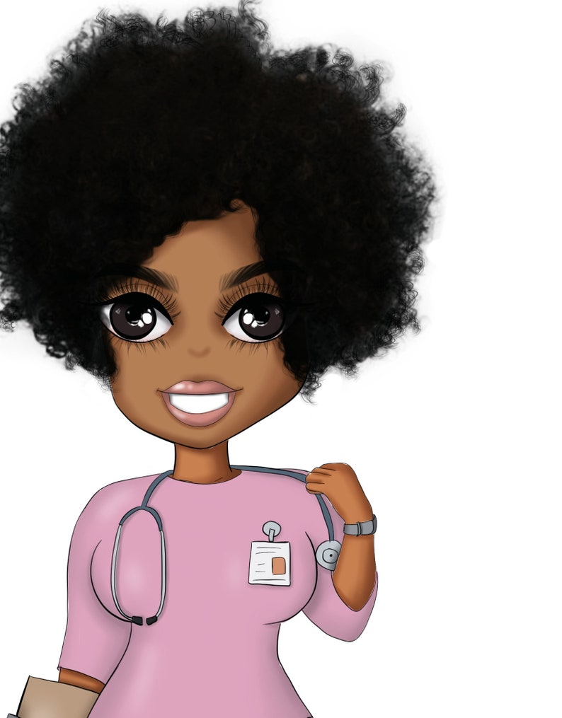 May include: A cartoon illustration of a Black woman with an afro hairstyle wearing a pink scrubs top with a stethoscope and a name tag. She is smiling and looking at the viewer.
