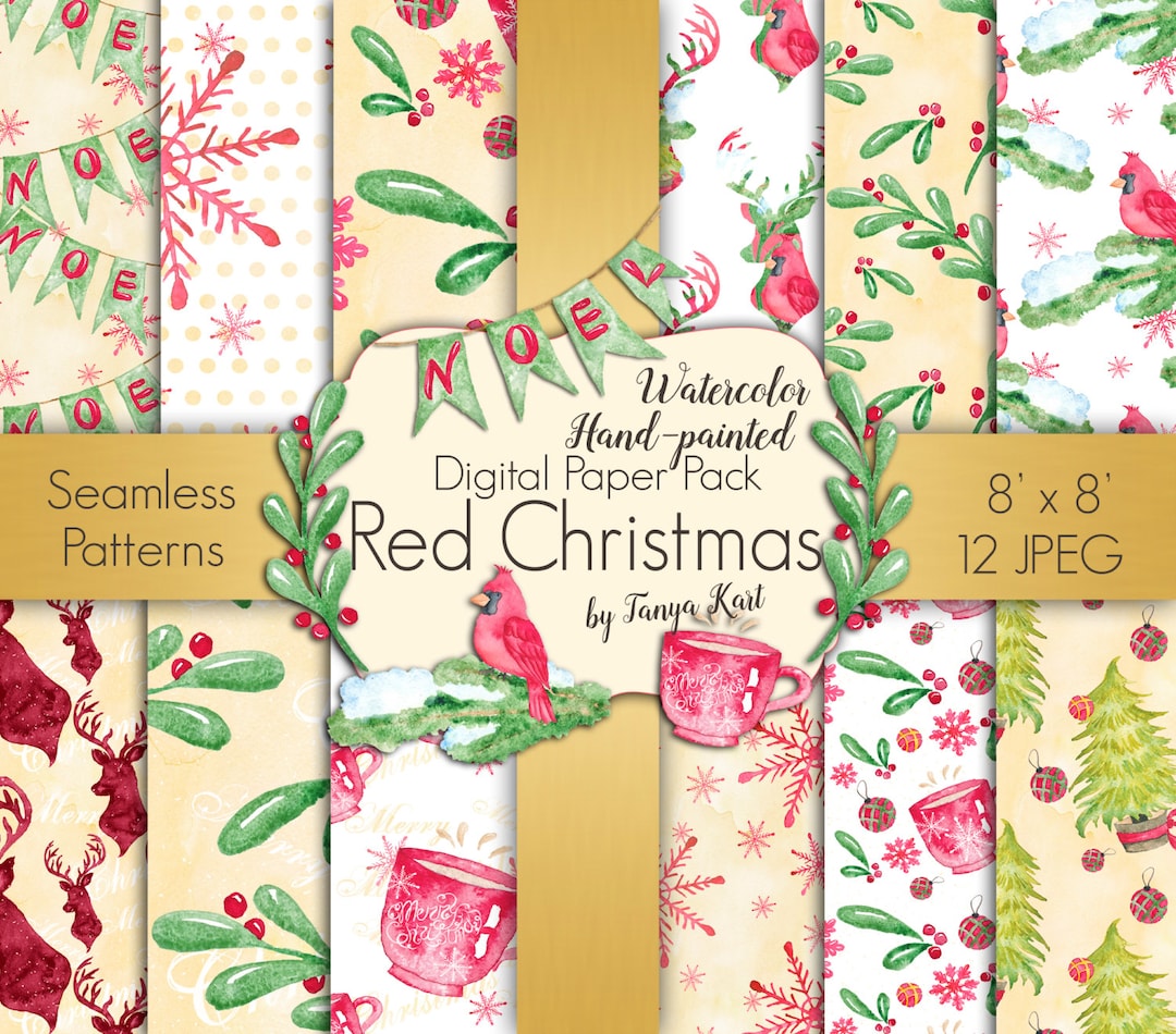 Red Christmas Paper Scrapbook Paper Pack Watercolor Digital - Etsy