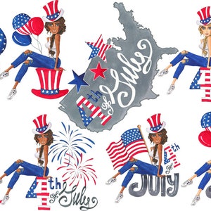 Op de afbeelding: Vier illustraties van vrouwen die rode, witte en blauwe patriottische hoeden en outfits dragen. Elke vrouw zit op een ander patriottisch ontwerp, waaronder een groot getal "4", een groot woord "Juli", een groot getal "4" met de woorden "4 juli" en een grote omtrek van de Verenigde Staten met de woorden "4 juli".