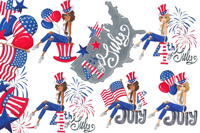 Op de afbeelding: Vier illustraties van vrouwen die rode, witte en blauwe patriottische hoeden en outfits dragen. Elke vrouw zit op een ander patriottisch ontwerp, waaronder een groot getal "4", een groot woord "Juli", een groot getal "4" met de woorden "4 juli" en een grote omtrek van de Verenigde Staten met de woorden "4 juli".