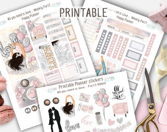 May include: Printable planner stickers with a love theme. The stickers feature illustrations of hearts, balloons, a couple, a couch, and the text "All you need is love".