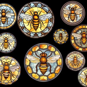 May include: A collection of nine stained glass roundels featuring bees in various poses. The roundels are set against a black background and have a honeycomb pattern. The bees are depicted in shades of yellow, brown, and black.