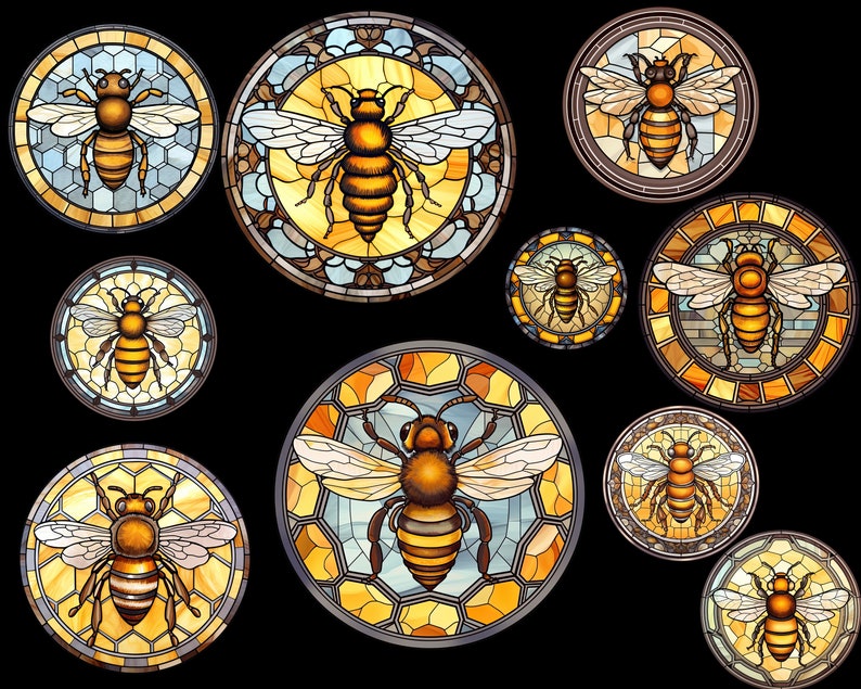May include: A collection of nine stained glass roundels featuring bees in various poses. The roundels are set against a black background and have a honeycomb pattern. The bees are depicted in shades of yellow, brown, and black.