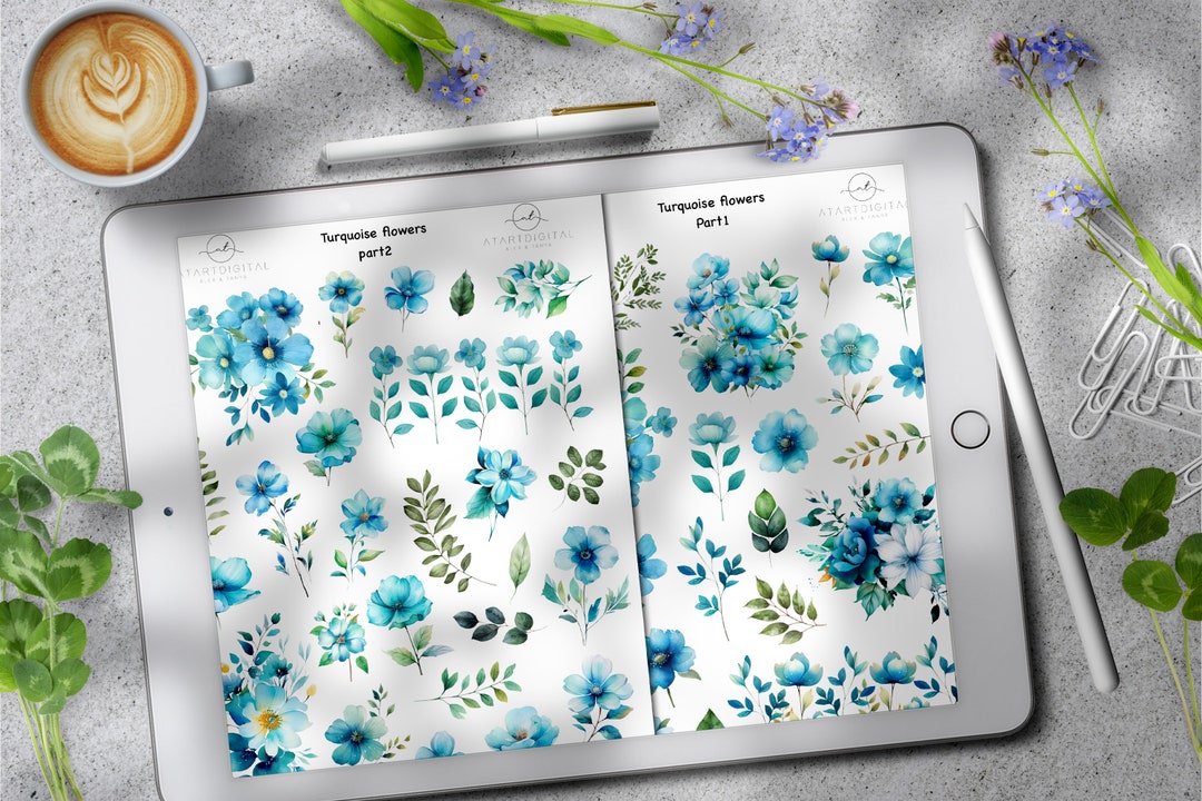 Turquoise Flowers Digital Stickers, Floral Stickers, Meadow Flowers ...