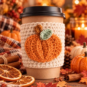 Puede incluir: Una funda de ganchillo beige para taza con una aplicación de calabaza naranja texturizada y una pequeña hoja verde. La funda envuelve un vaso de papel desechable con tapa de plástico negra, diseñada para aislar el recipiente de bebida.