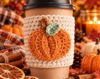 Pumpkin Coffee Cup Sleeve Crochet Pattern PDF | Autumn Tumbler Cup Cozy | Fall Pumpkin Mug Holder | Beginner Crochet Digital Download DIY
